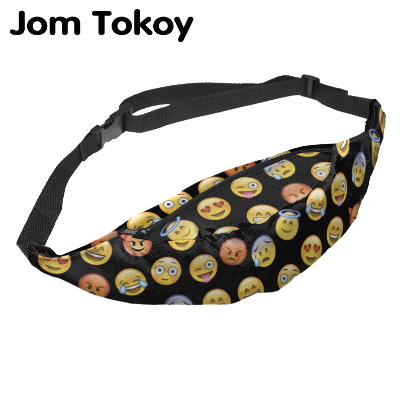 Jom Tokoy جديد الملونة الخصر حزمة للرجال حزمة مراوح نمط محفظة تربط حول الخصر الرموز التعبيرية الأسود النساء حزام نقود السفر الخصر حقيبة