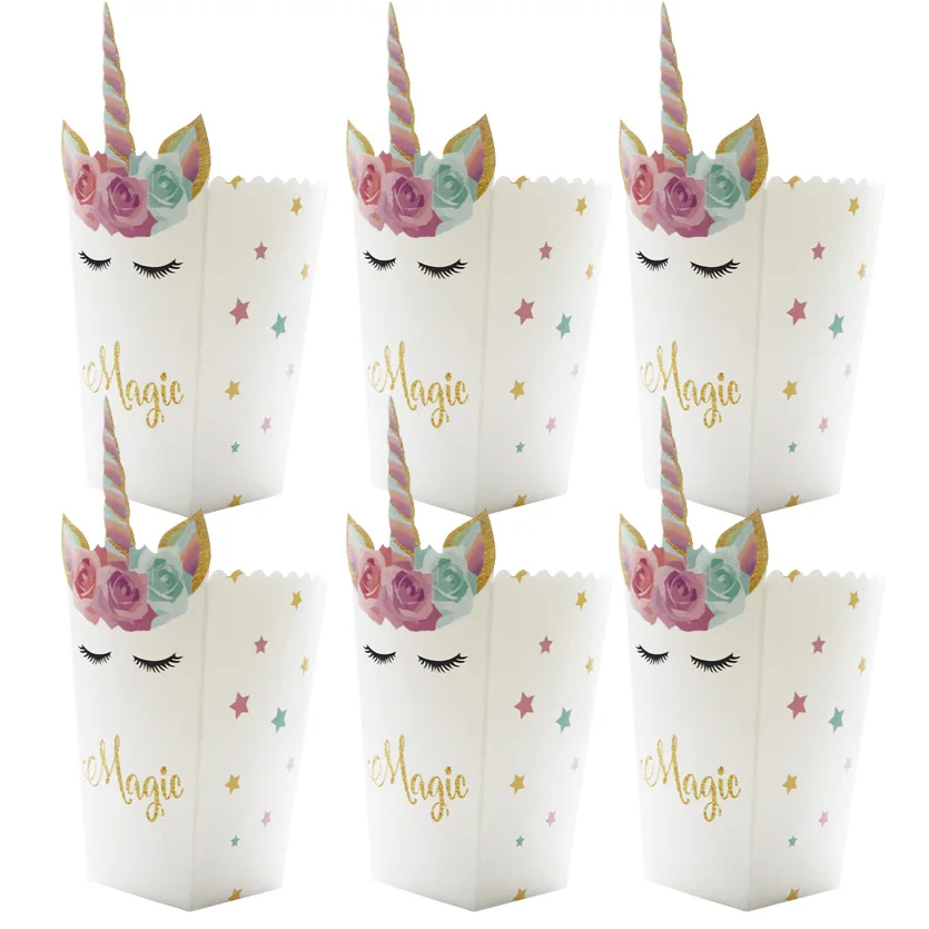 

6pcs/lot Birthday Party Mini Popcorn Boxes Unicorn Colorful Star Candy Buffet Favor Magic Unicornio Party Baby Shower Paper Bags