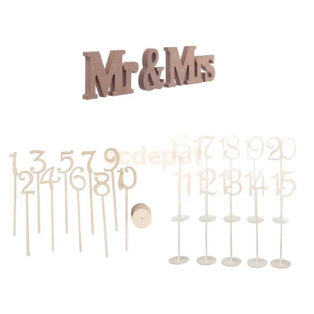 

Wood MR & MRS Letter FreeStanding Sign + 1-20 Table Numbers Sticks with Base Wedding Birthday Party Decoration
