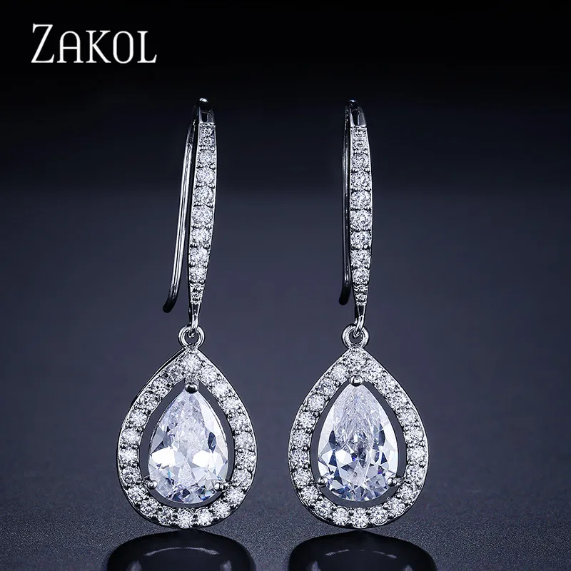 

ZAKOL Factory Price Women Trendy White Gold Color Water Drop Shape Cubic Zirconia Hook Dangle Earrings FSEP331
