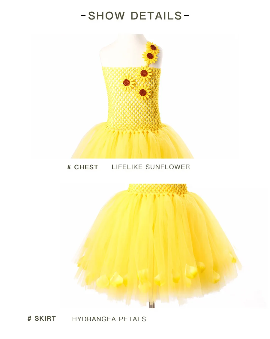 Sunflower Girls Tutu Dress with Headband Petals Embellished Princess Tulle Dress Children Birthday Party Performance Clothes (10)