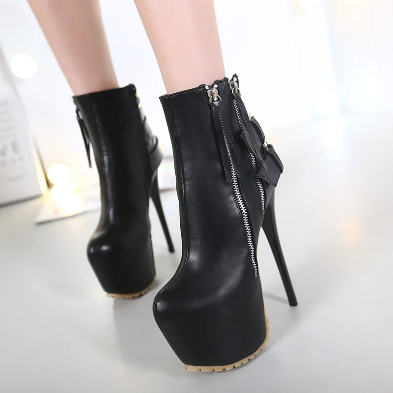 

16cm ultra high heels punk double buckles and zipper high-heeled Women Ankle boots High Heels Short Boots Autumn Boots 34 - 40
