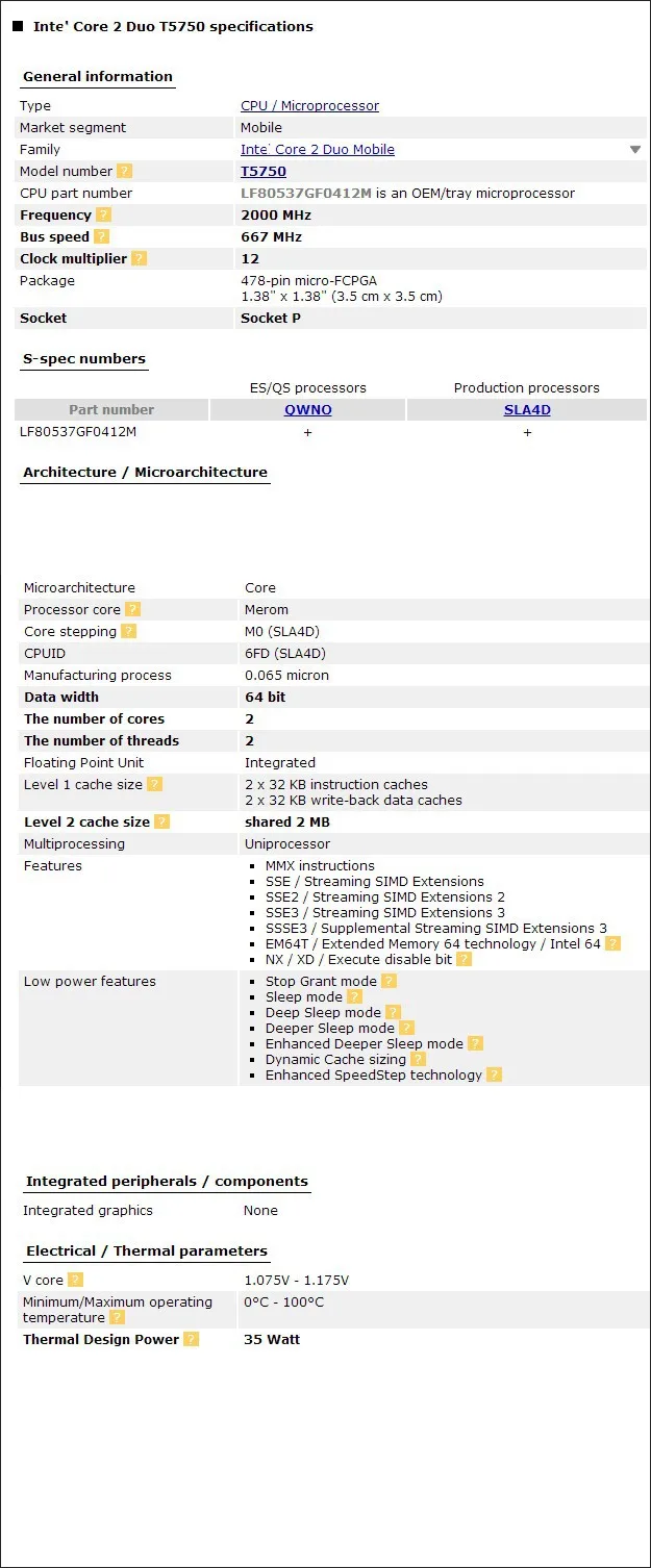 intel cpu ноутбук Core 2 Duo T5750 cpu 2M cache/2,0 GHz/667/двухъядерный Socket 479 ноутбук процессор для GM45/PM45