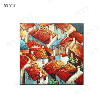 

MYT Home Decoration Handmade Abstract Red Housing Modern Landscape Building Oil Painting On Canvas Large Canvas Wall Art Unframe