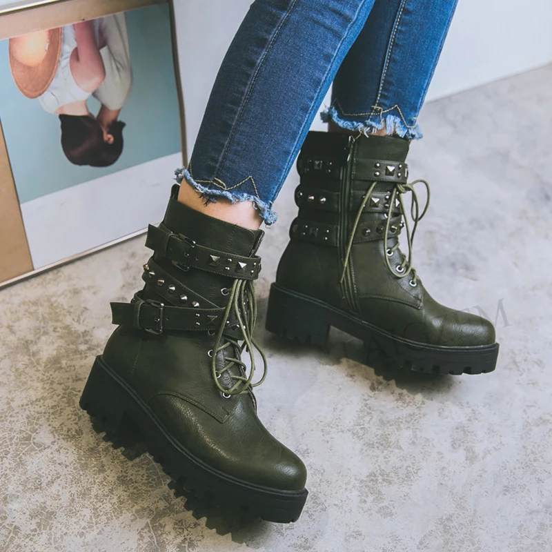 LAIGZEM Women Ankle Boots Mid Chunky Heels Combat Cow Girl Boots Punk Studs Boots Shoes Woman Botines Mujer Small Big Size 32-43 (4)