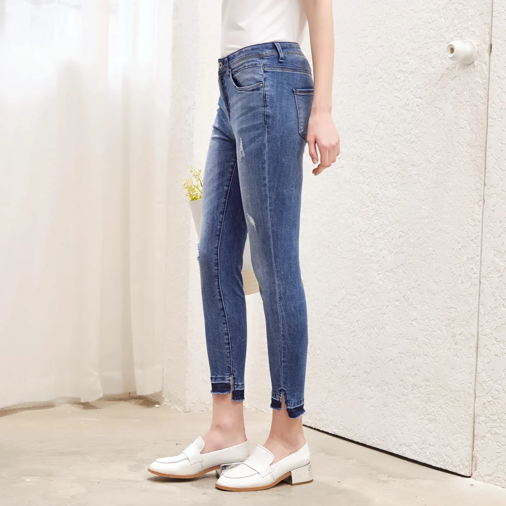 

Metersbonwe Slim Jeans For Women Jeans Hole Design Woman Blue Denim Pencil Pants Casual High Quality Stretch Waist Women Jeans