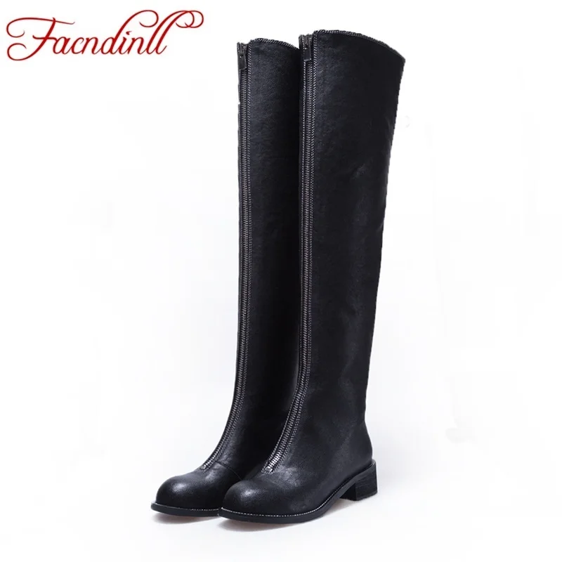 

FACNDINLL brand shoes women fashion winter over the knee high boots woman genuine leather black winter thigh high boots platform