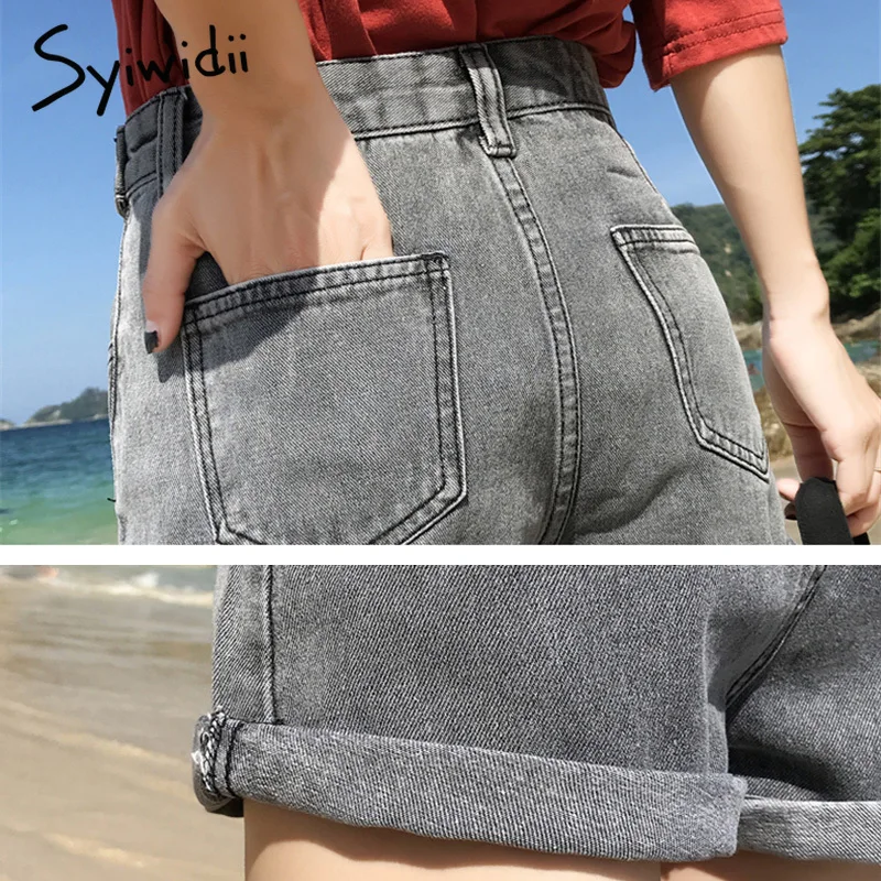 Women’s denim shorts Summer mom jeans high waist shorts Woman 2019 plus size short femme blue gray beige Wide leg shorts jeans