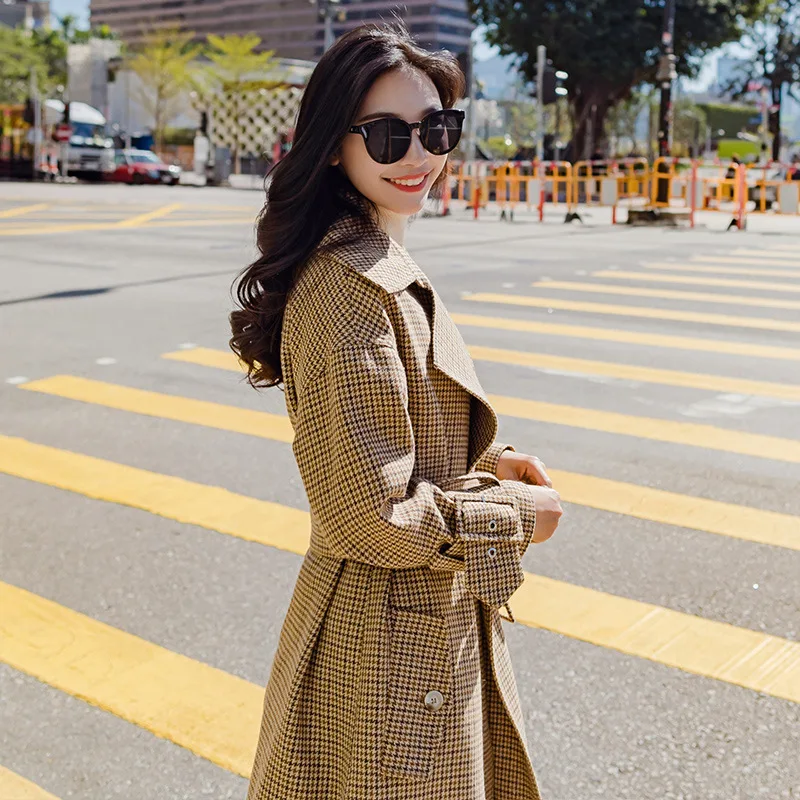 2018 Early Spring Coat Female MD LONG Loose Overcoat Plaid Woolen Coats 