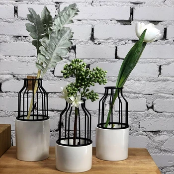 

Creative geometry wrought iron bird cage ceramic vase flowerpot flower arrangement glass flower stand Paris home decor ornaments