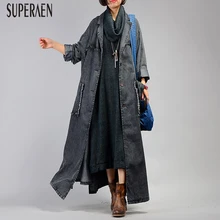 SuperAen, Европейская мода, джинсовое пальто для женщин, размер Pluz, сплошной цвет, Повседневная Женская ветровка, Весенняя Новинка, женская одежда