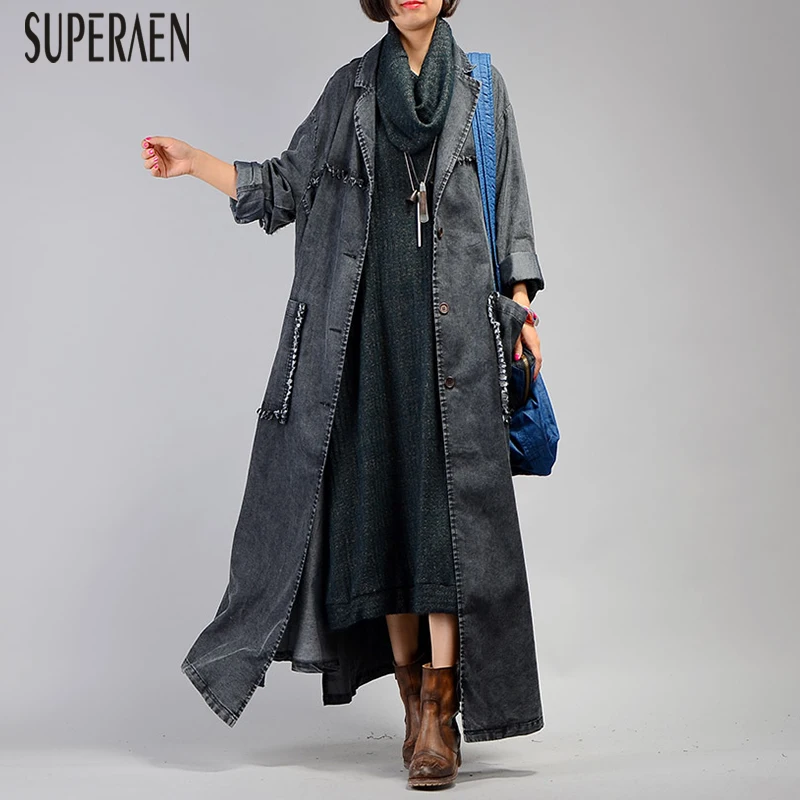 

SuperAen Europe Fashion Denim Trench Coat for Women Pluz Size Solid Color Casual Women Windbreaker Spring New 2019 Women Clothes