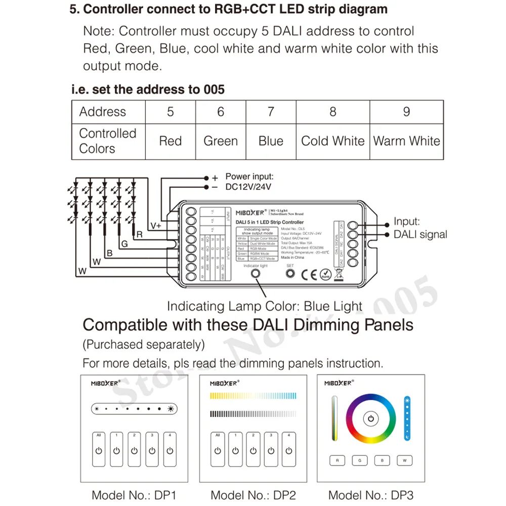 MiBOXER(milight)DL5 DALI 5 IN 1 LED Strip Controller 12~24V dimmer,Common anode Connection,Compatible with DALI Panel/DL-POW1