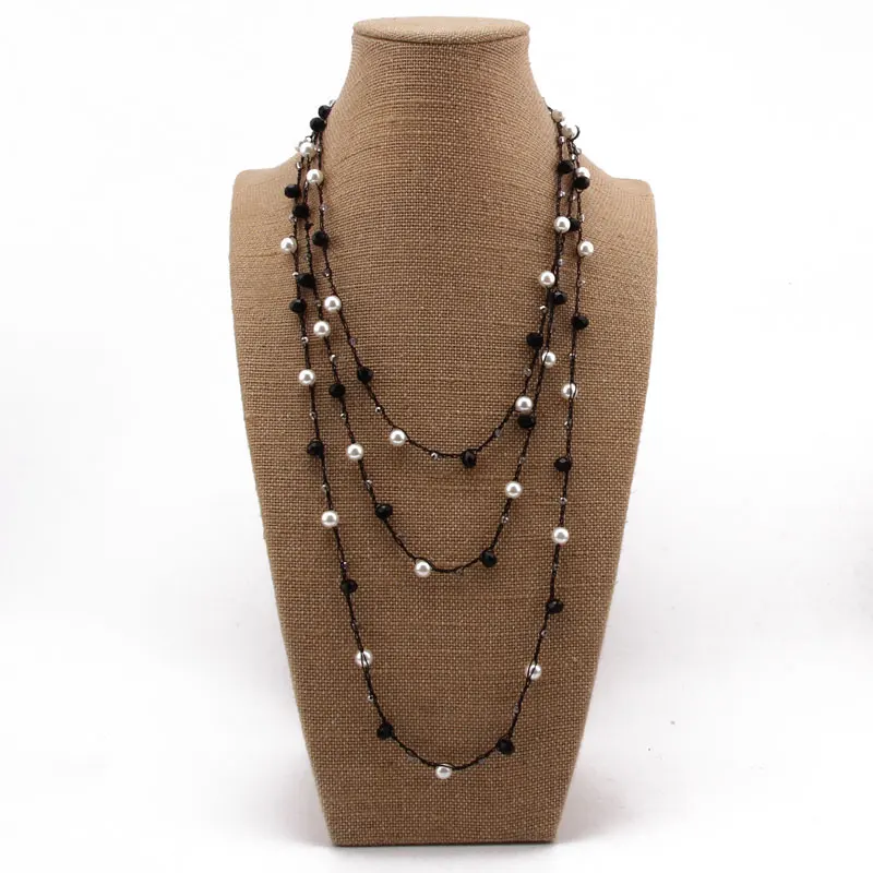 Beadsland black and white pearl long sweater necklace classic women
