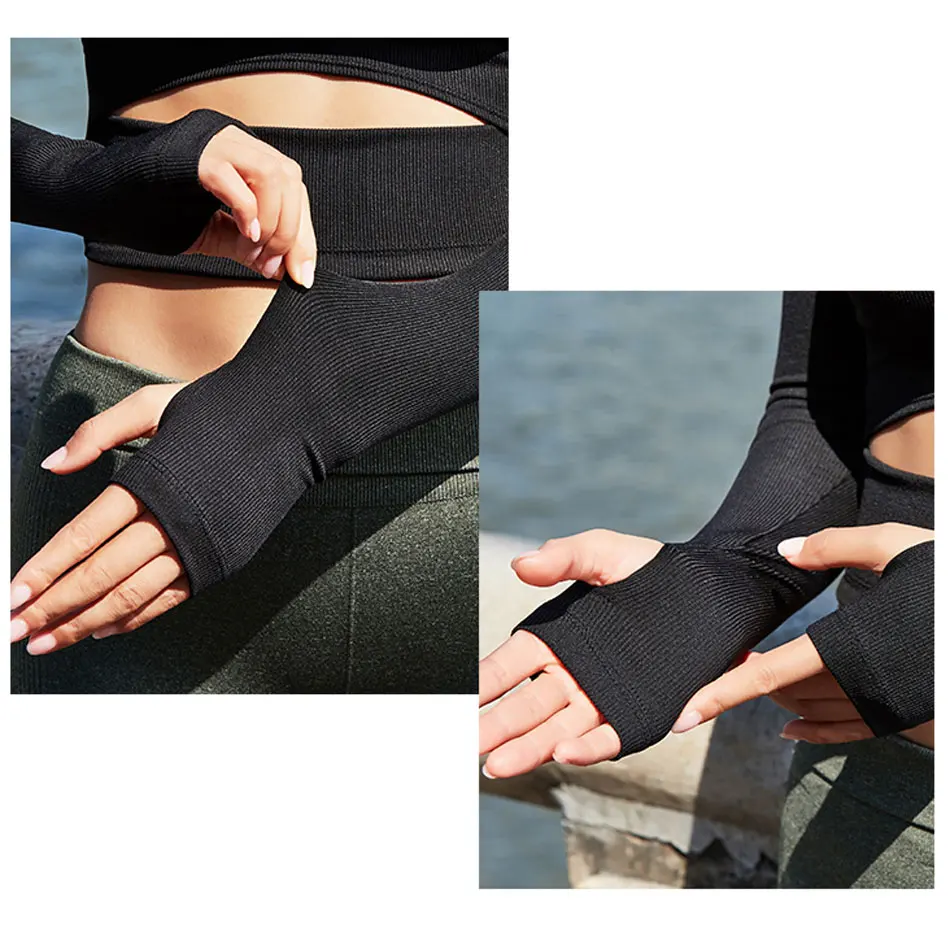 Cena Le NaKai z miękkiej dzianiny żebra koszulki do jogi dla kobiet koszulki na ramię krótki top długie rękawy chudy krój koszulki sportowe odzież sportowa