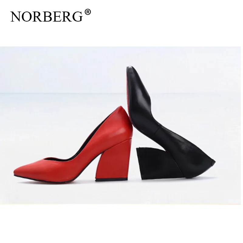 

NORBERG Women Pumps Black Women High heels Genuine LeatherThick with Autumn Pointed Single Shoes Female Sandals Office shoes