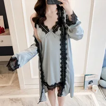 Элегантное однотонное женское вискозный Шелковый кимоно юката платье сексуальное свадебное платье невесты платье кружевной отделки ночная рубашка NR106