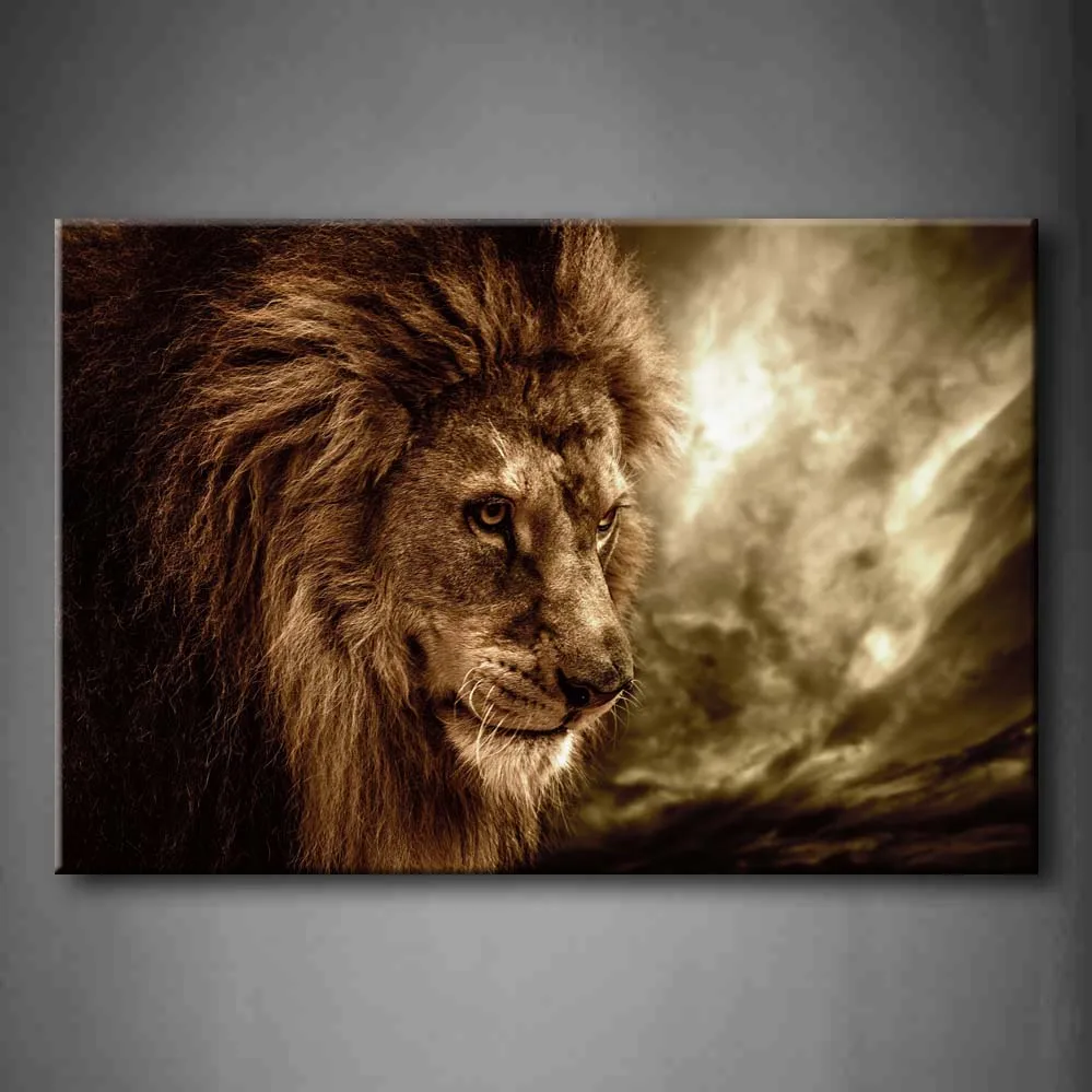 

Framed Wall Art Pictures Lion Stormy Sky Canvas Print Artwork Animal Modern Posters With Wooden Frames For Living Room