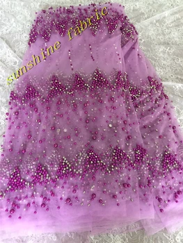 

Purple beaded lace fabric 2017 Latest new high quality embroidered tulle mesh wedding lace material