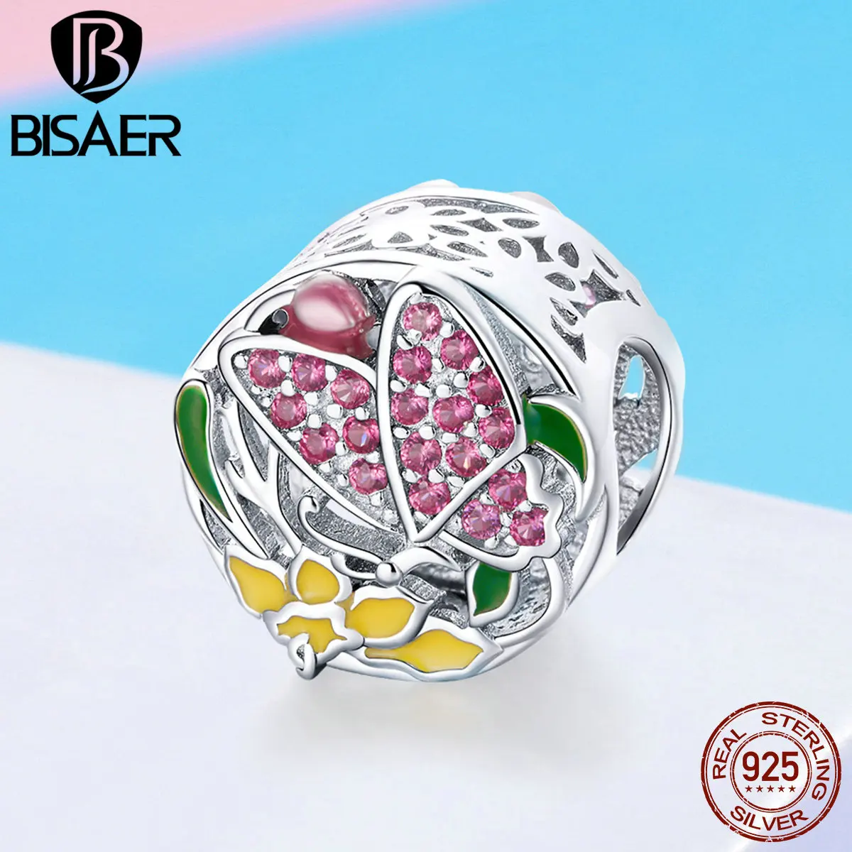 

BISAER Authentic 925 Sterling Silver Butterfly and Flower Colorful Round Beads for Women Jewelry Making Fashion Jewelry GAC036