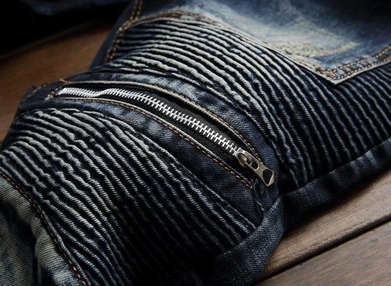 Плиссированные джинсы для байкеров, брюки, мужские облегающие брендовые Дизайнерские джинсовые брюки для мужчин, прямые вымытые штаны на молнии