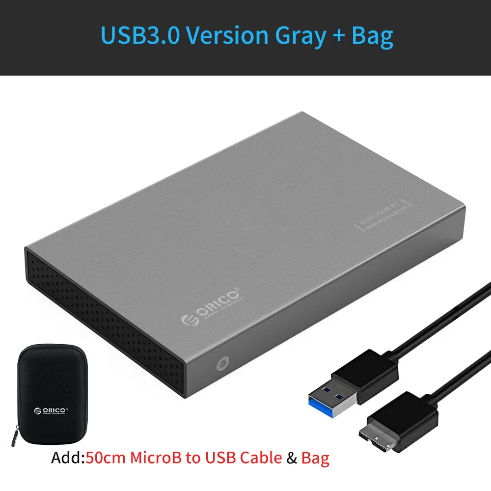 Чехол для жесткого диска ORICO 2,5 ''type-C из алюминиевого сплава USB3.1 Gen2 с поддержкой жесткого диска 7 мм и 9,5 мм с кабелем 50 см C-C - Цвет: 2518S3-GY Add Bag