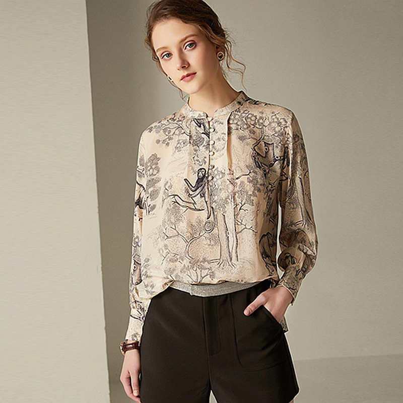 100% Silk Blouse Women Plus Sizes Shirt Vintage Printed Button O Neck Long Sleeve Pullover Top New