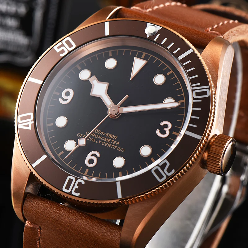 

41mm Corgeut Mechanical Watches Brown Bezel Bronze case Luminous Marks Sapphire Glass Automatic waterproof Men's Watch
