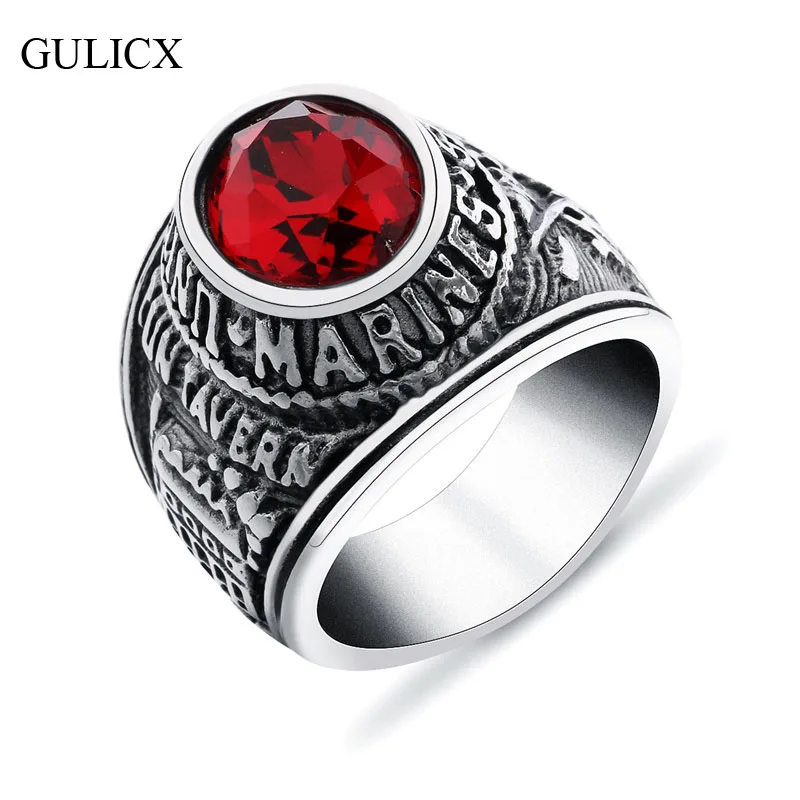 

GULICX 2016 Brand United States Marines Tun Tavern Finger Ring Stainless Steel Band for Men Red/Black CZ Zircon Jewelry BR079