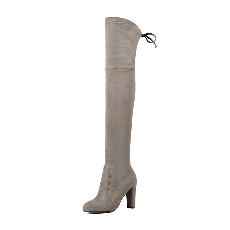WETKISS/женские ботинки из искусственной кожи и флока модные пикантные Сапоги выше колена на шнуровке, с круглым носком, на шпильках, растягивающиеся сапоги большие размеры 34-43 - Цвет: Khaki