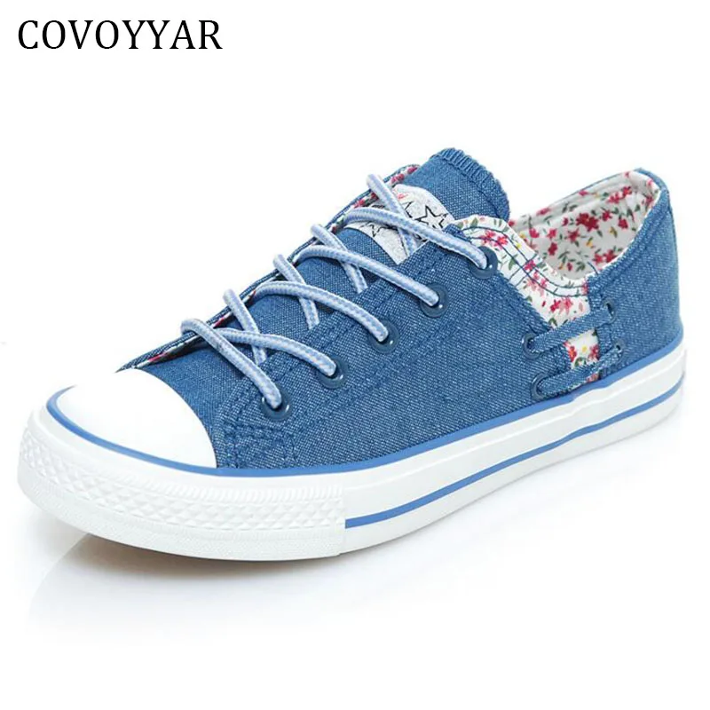 

COVOYYAR Flowers Canvas Shoes Women 2019 Spring Autumn Lace Up Flat Platform Casual Denim Shoes Women Flats Trainers WSN558