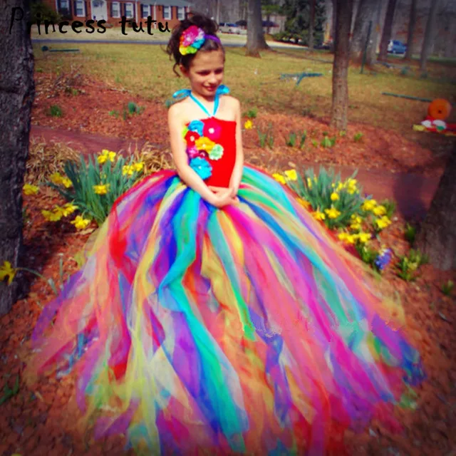 fancy kids tutu dress for girl rainbow flowers birthday wedding