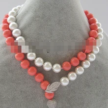 > 3" 12 мм белый+ розовый коралловый цвет идеальный круглый южное море жемчужное ожерелье
