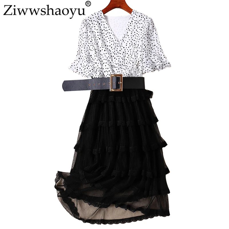 

Ziwwshaoyu Elegant cake dresses V-Neck Sashes Flare Sleeve Cascading Ruffle dress Spring and summer new women's