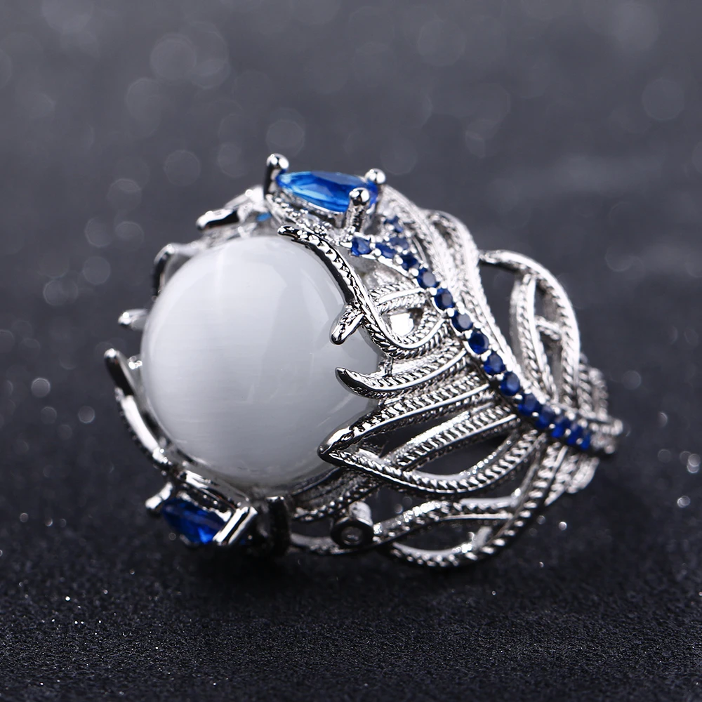 Bague Ringen, модный дизайн, лунный камень, перо, 925 пробы, серебряные кольца для женщин, Ретро стиль, синее сапфировое кольцо из драгоценных камней