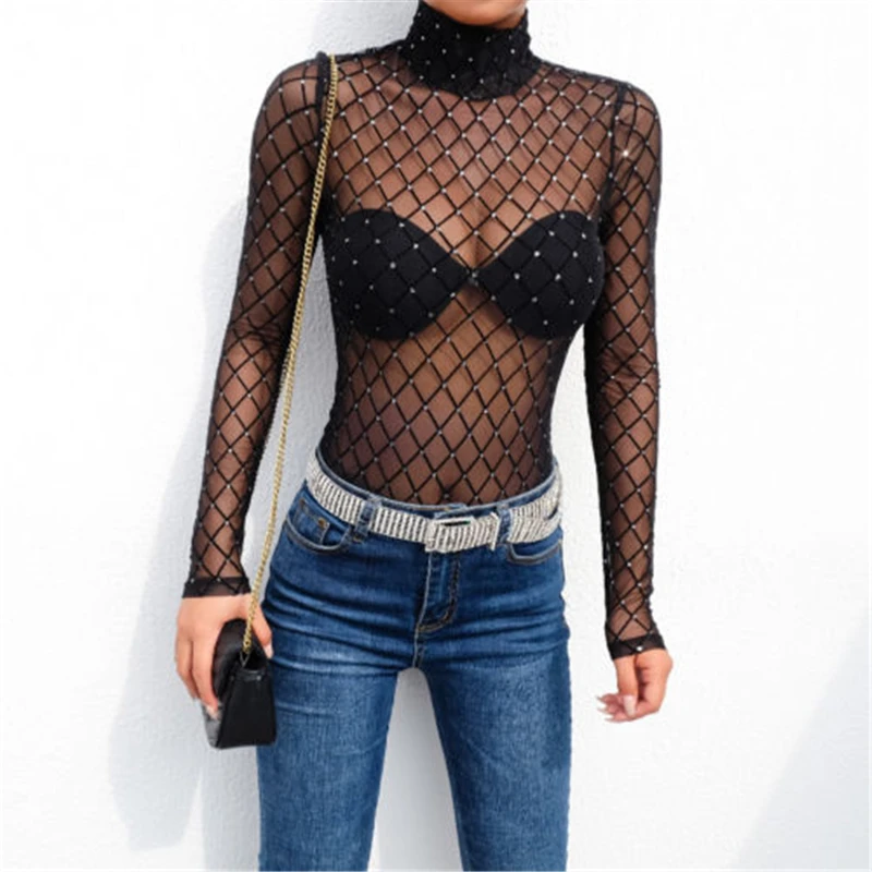

Hot Sexy Bodysuits Women New Black Sheer Mesh Lace Jumpsuit Long Sleeve Turtleneck Bodysuit Mesh See Through Transparent