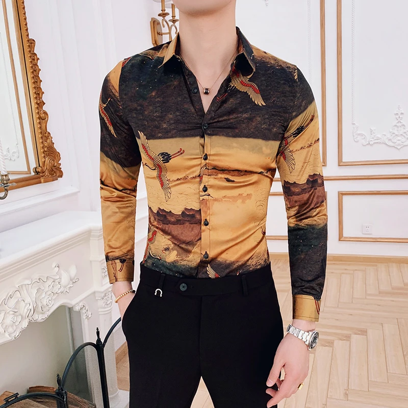 

Luxury Gold Black Shirt 2019 autumn long Sleeve vintage Designer Party Club Prom Party Shirt Stylish Gold Slim Shirts For Men