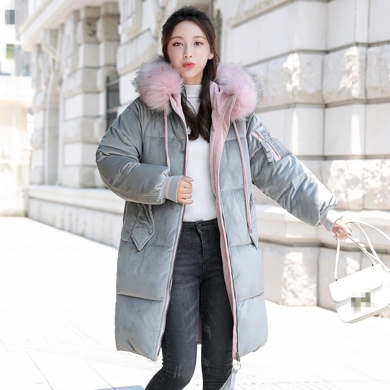 

2019 Velvet Down Parka Big Fur Collar Winter Thick Warm Long Velvet Parka Coats Plus Size Jacket Long Loose Coats Outwear New
