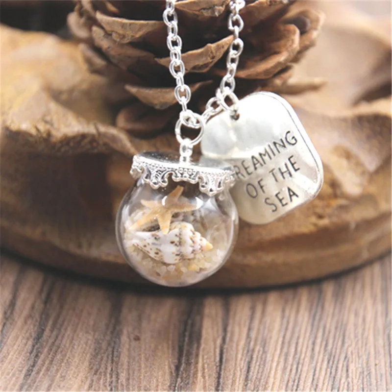 

10pcs Miniature Beach Globe Sand Starfish Silver Tone Necklace Tiny Glass Jewelry Vial