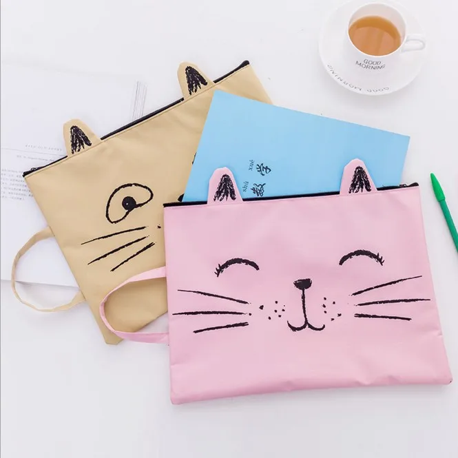 1PC Kawaii Kitty Cat Cute ZiP Fabric File Folder Document Notebook Organizer Handbag Students Office Stationery