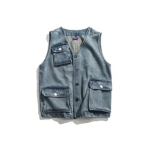 Men's Denim Vest Vintage Slim Sleeveless Jacket Cowboy Multi Pocket Jeans Male Denim Waistcoat Veste Homme Tank Tops DS50326