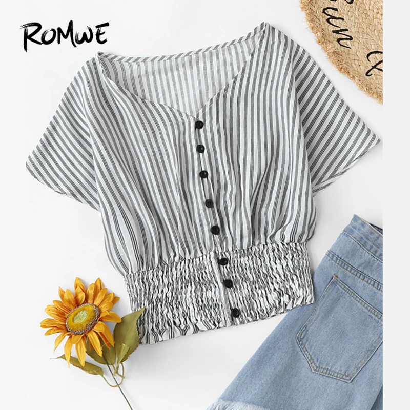 

ROMWE Pleated Button Single Breasted Striped Top Ladies Summer V Neck Short Sleeve Women's Weekend Casual Grey Crop Blouse