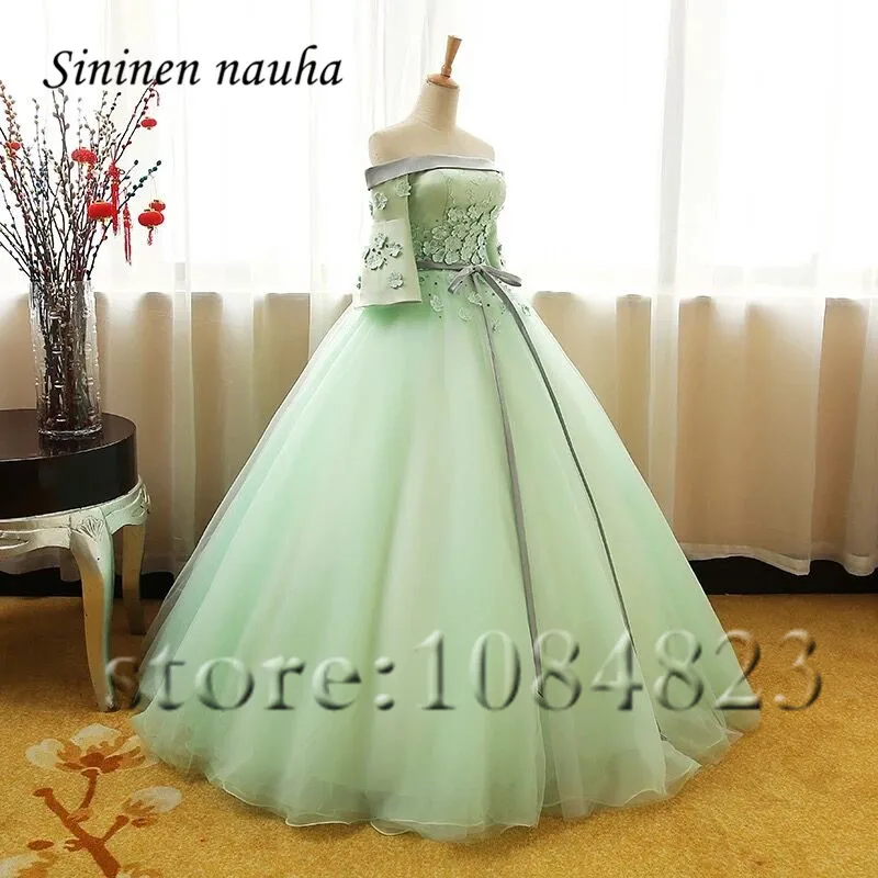 Мятные платья для Quinceanera с рукавом платье выпусквечерние вечера длинное бальное