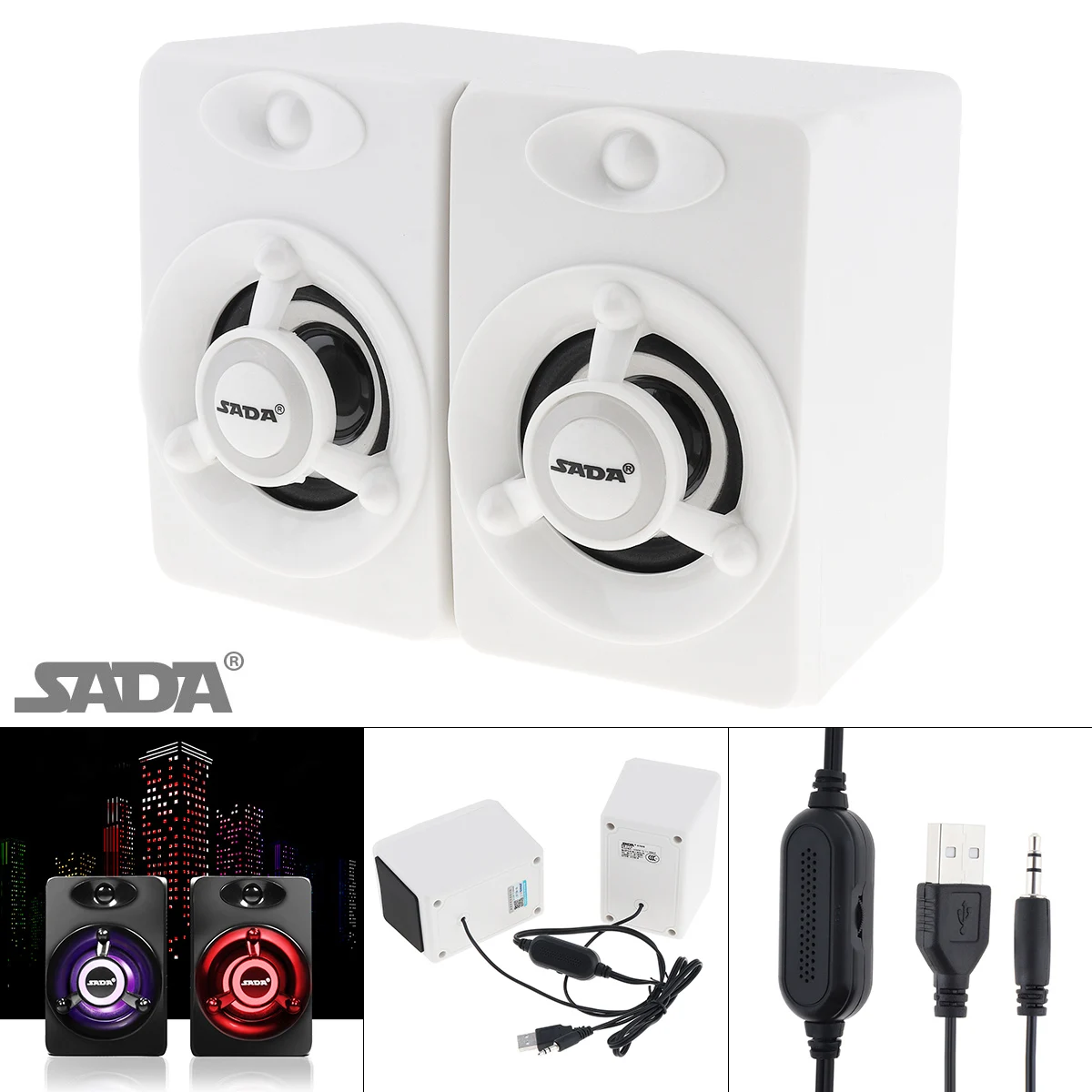 

SADA V-118 Mini White Portable USB2.0 Subwoofer Computer Speaker with Luminescent Multicoloured Lamp for Desktop PC/Laptop/MP3