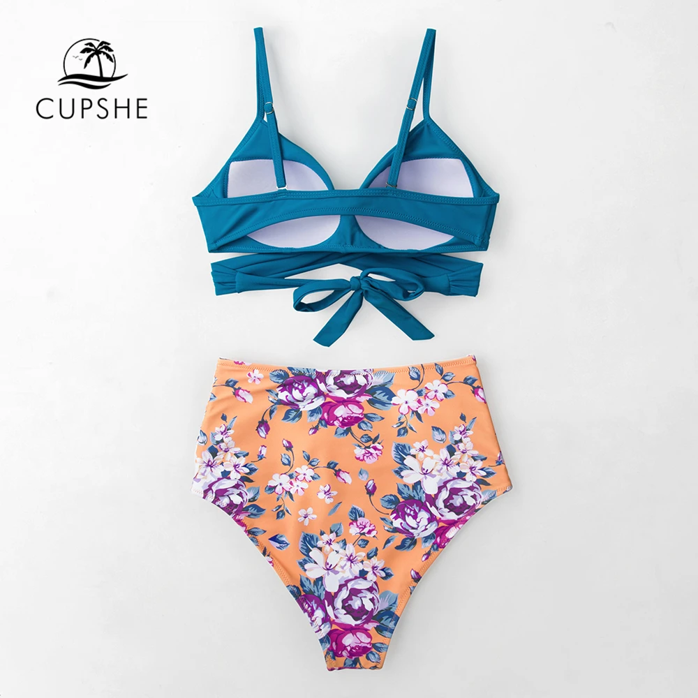 Günstige CUPSHE Blau Wrap Und Blumen High taille Bikini Sets Frauen Sexy Push Up Zwei Stücke Badeanzüge 2020 Mädchen Strand badeanzüge