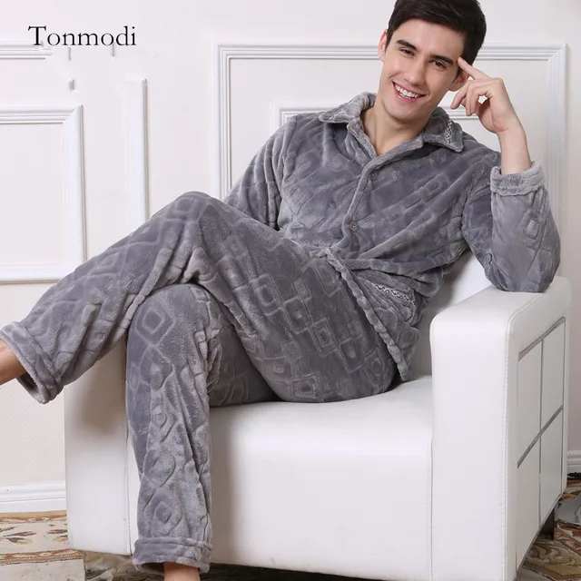 Men's pajamas Winter Coral velvet thickening warm Mens Pajamas middle