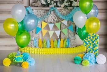 

Laeacco Birthday Party Balloon Fireplace Cake Scene Baby Photography Backgrounds Custom Photographic Backdrops For Photo Studio