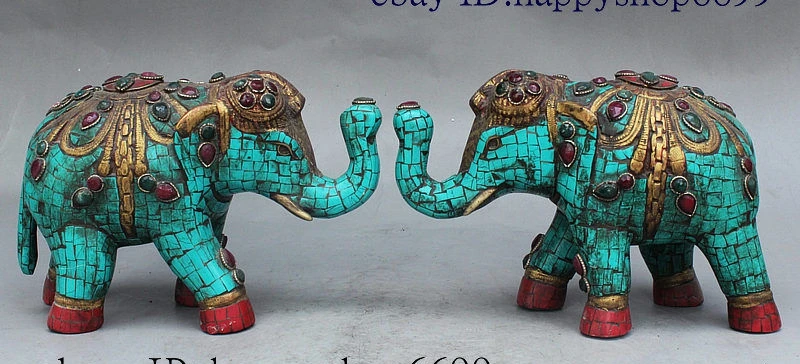 

7" Old Tibet Royal Palace Folk FengShui Turquoise Wealth Elephant Statue Pair