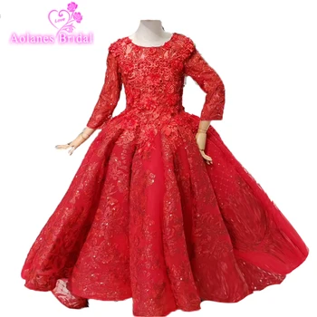 

First Communion Dresses 2019 Primera Comunionls Lace Red Flower Girl Dresses For Weddings O-neck Long Sleeves Muslim Ball Gown