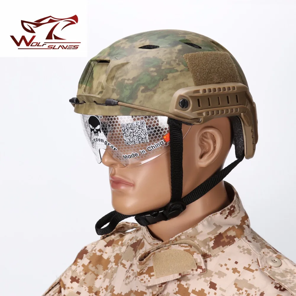 multi camo Tactical BJ Helmet NVG Mount And Side Rail With Clear goggle